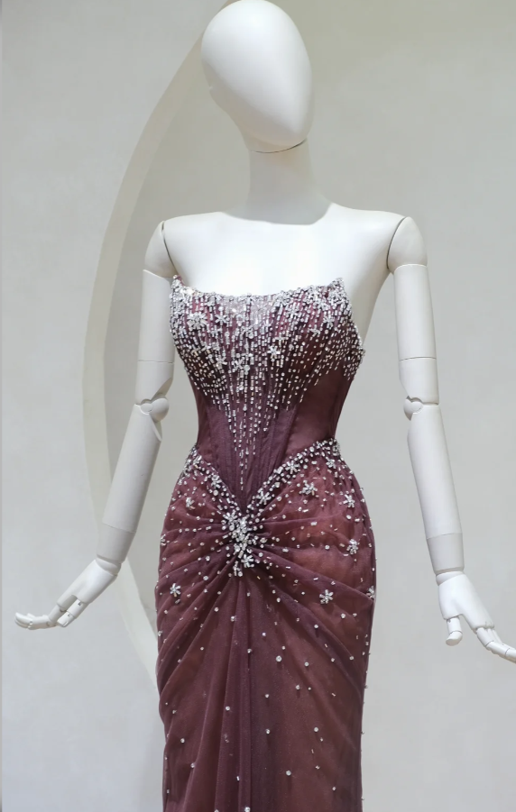 Elegant Sheath Brown Long Prom Dress Tulle Beaded Strapless Evening Dress Sleeveless Party Dress ED06402