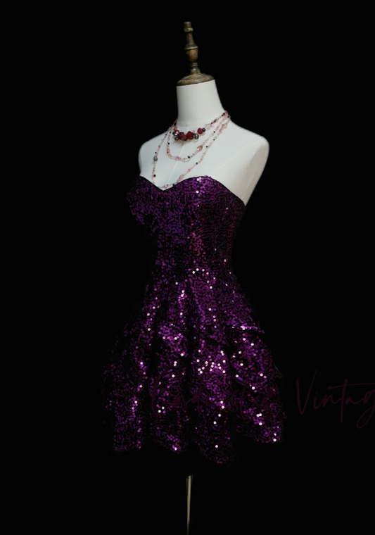 Fairy A-Line Purple Short Prom Dress Sequins Sweetheart Evening Dress Cute Sleeveless Birthday Dress ED06415