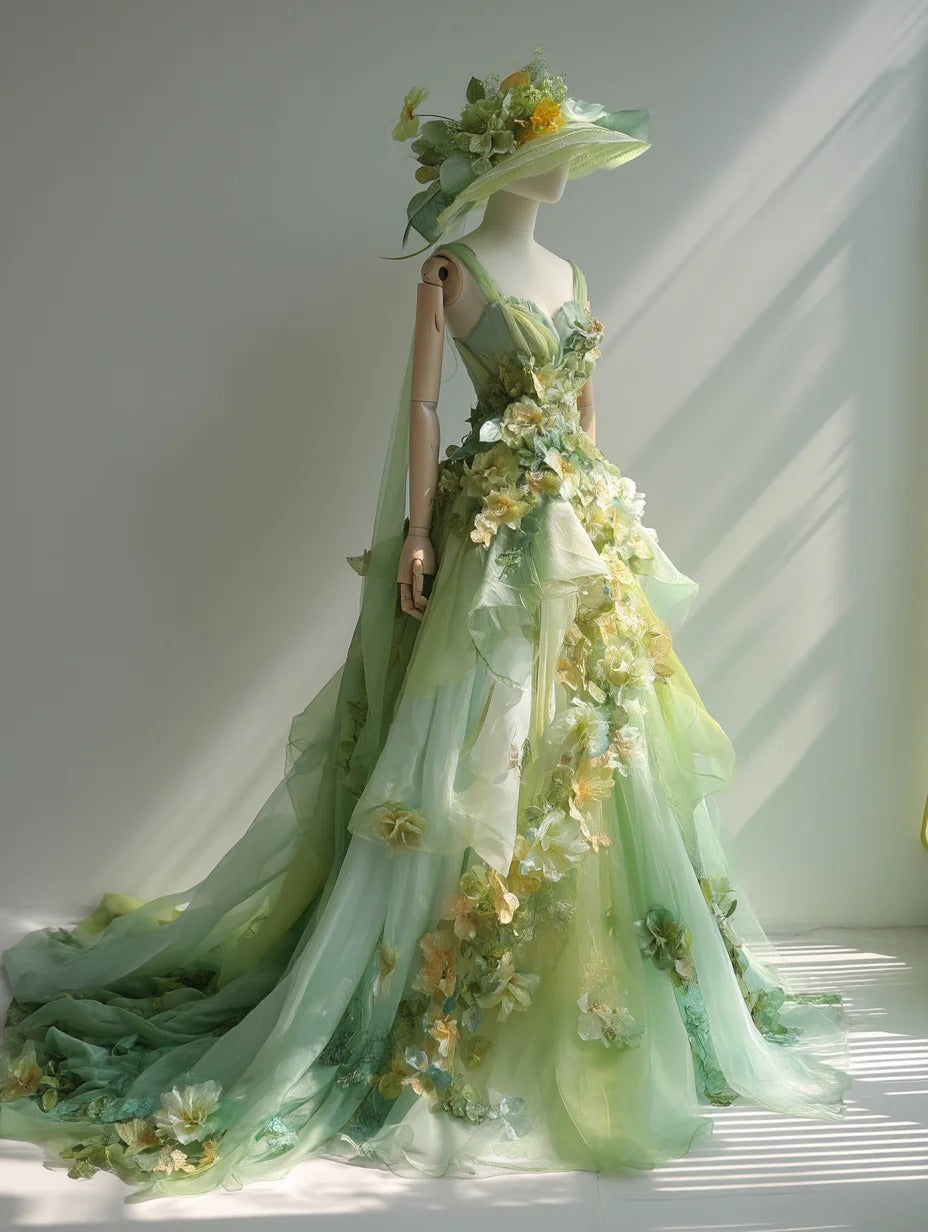 Gorgeous A-Line Green Long Prom Dress Appliques Tulle Spaghetti Straps Evening Dress Sleeveless Sweet 16 Dress ED06417