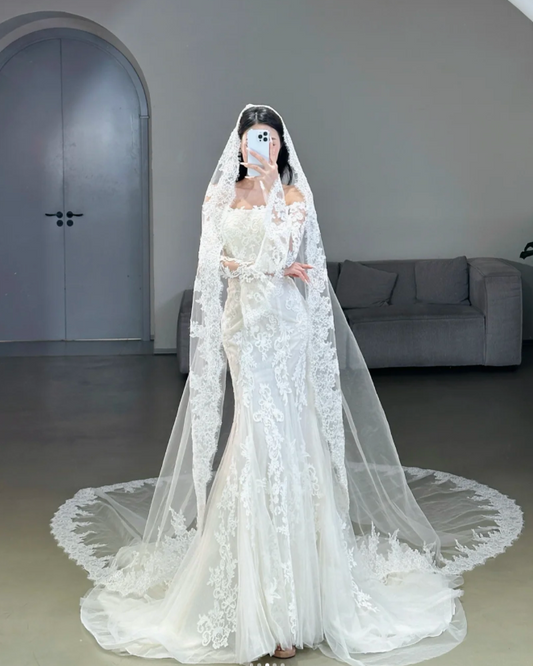 Elegant Memraid Long Wedding Dress Appliques Tulle White Bridal Gowns Off-shoulder Long Sleeves Bridal Dress ED06429