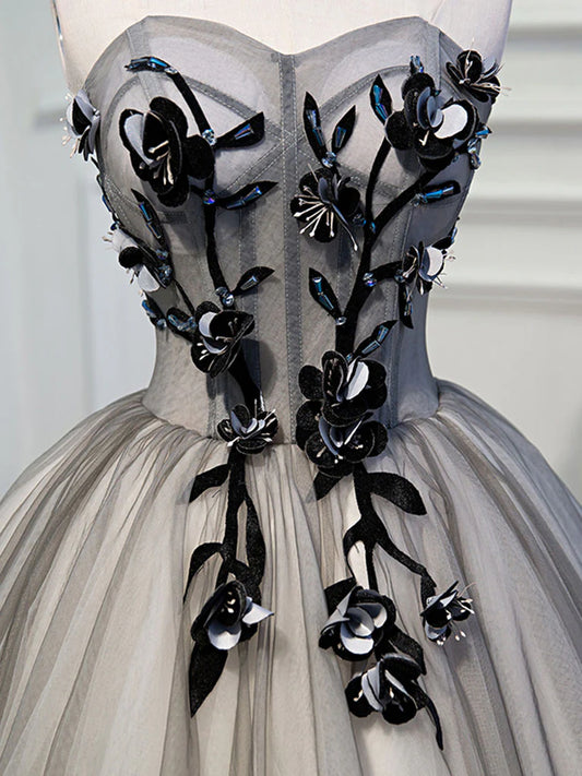 Graues kurzes Ballkleid mit herzförmigem Ausschnitt und Tüllspitze, süßes Homecoming-Kleid ED0643