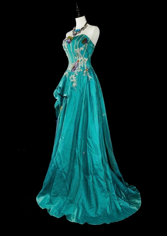 Elegant A-Line Turquoise Long Prom Dress Applique Satin Strapless Evening Dress Sleeveless Party Dress ED06432