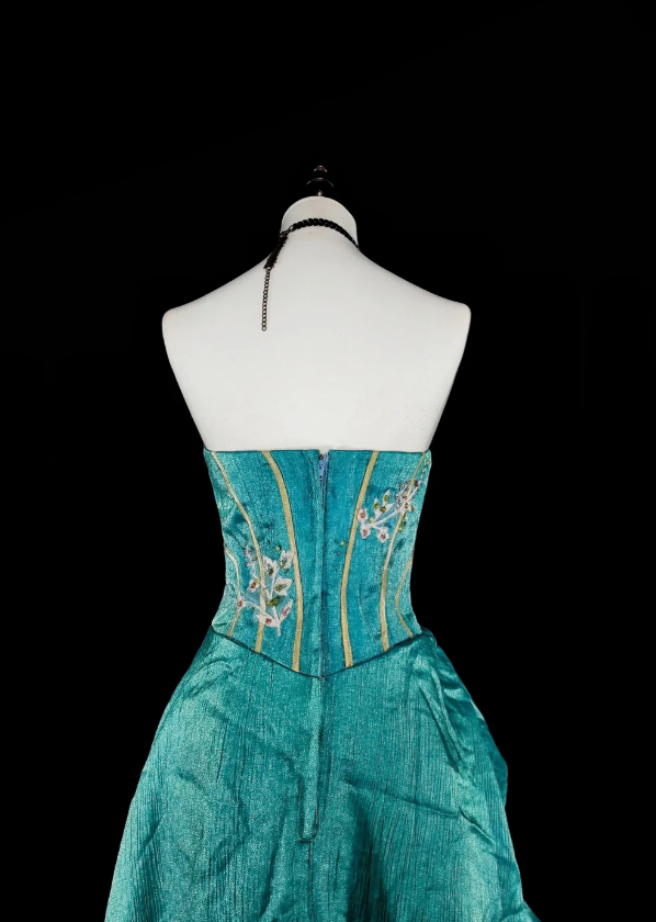 Elegant A-Line Turquoise Long Prom Dress Applique Satin Strapless Evening Dress Sleeveless Party Dress ED06432