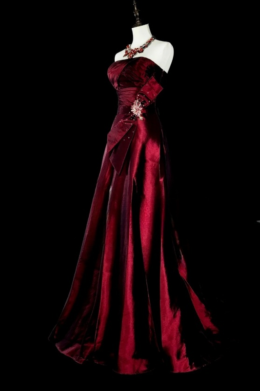 Elegant A-Line Burgundy‘ Long Prom Dress Satin Strapless Evening Dress Sleeveless Party Dress ED06433