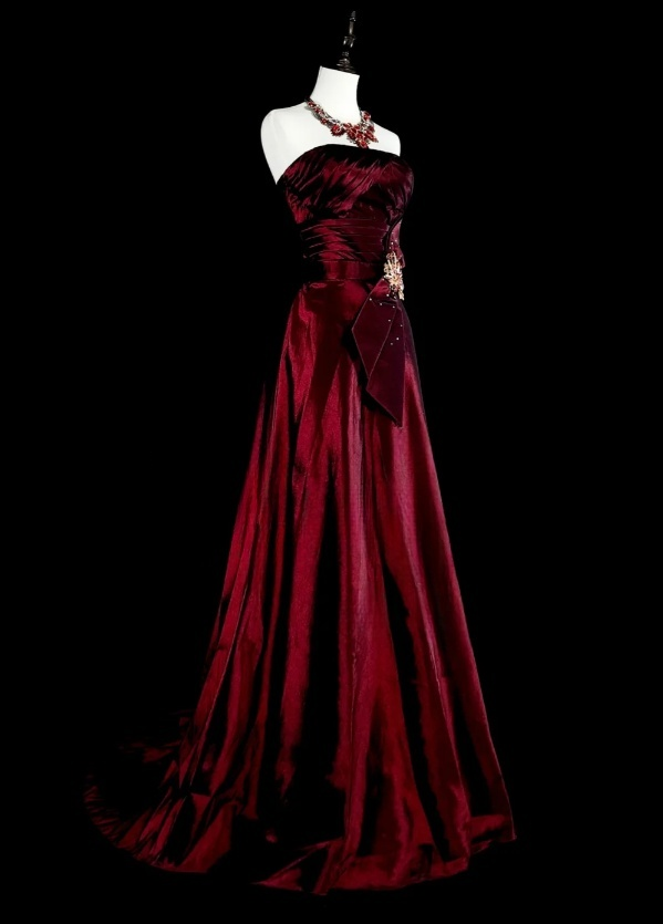 Elegant A-Line Burgundy‘ Long Prom Dress Satin Strapless Evening Dress Sleeveless Party Dress ED06433