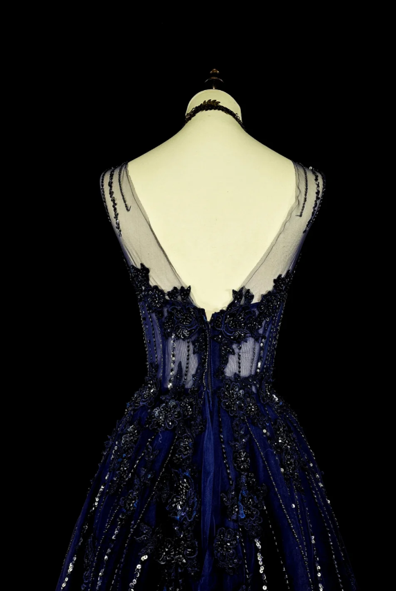 Elegant A-Line Navy Blue Long Prom Dress Beaded Tulle Sheer Straps Evening Dress Sleeveless Party Dress ED06434