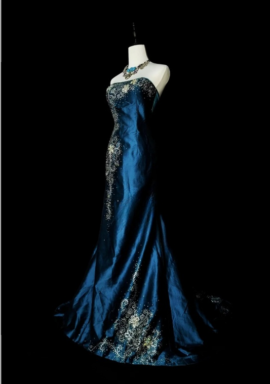 Elegant A-Line Dark Teal Long Prom Dress Satin Beaded Strapless Evening Dress Sleeveless Formal Dress ED06436