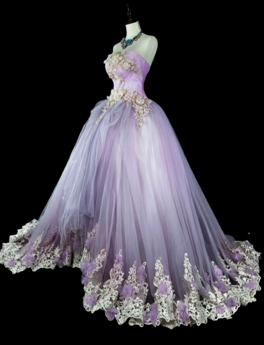 Elegant A-Line Purple Long Prom Dress Applique Tulle Strapless Evening Dress Sleeveless Formal Dress ED06437
