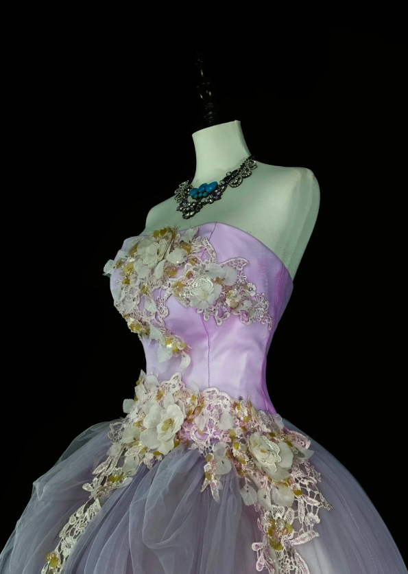 Elegant A-Line Purple Long Prom Dress Applique Tulle Strapless Evening Dress Sleeveless Formal Dress ED06437