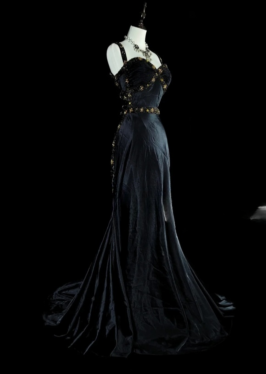 Elegant Sheath Black Long Prom Dress Beaded Satin Straps Evening Dress Sleeveless Formal Dress ED06439
