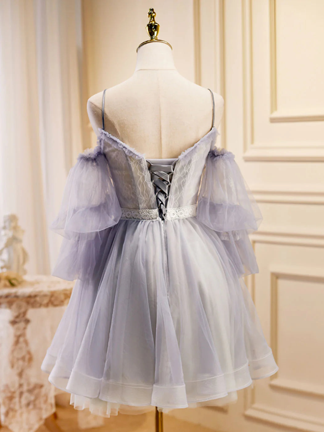 Robe de bal courte en tulle et dentelle violet clair, coupe trapèze, robe de soirée violet clair ED0644