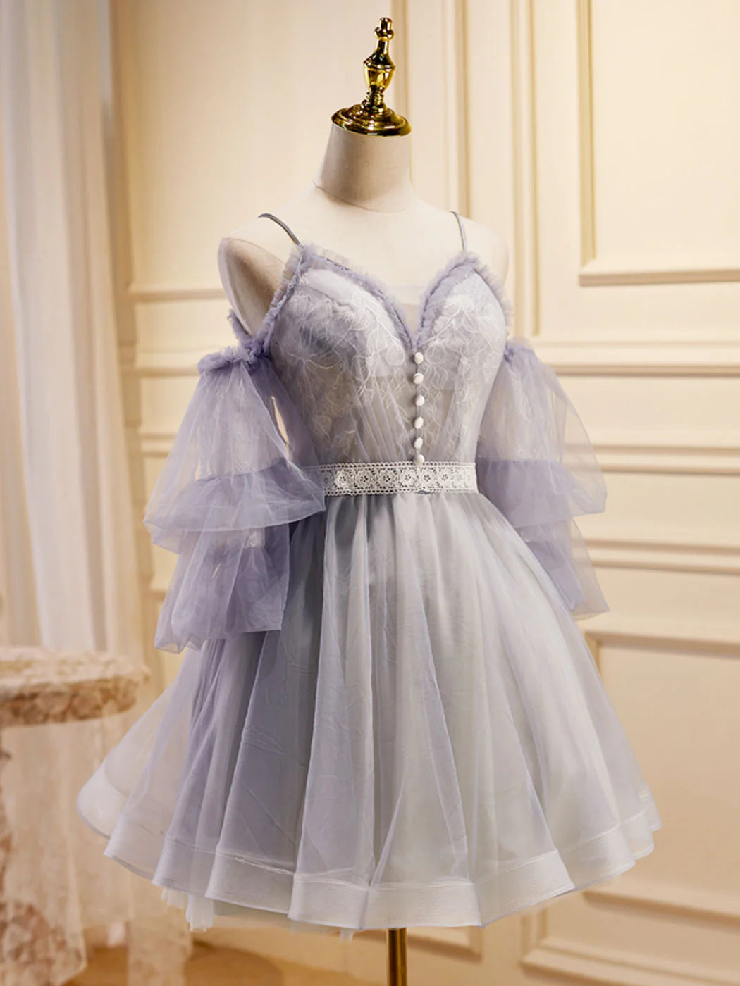 Robe de bal courte en tulle et dentelle violet clair, coupe trapèze, robe de soirée violet clair ED0644