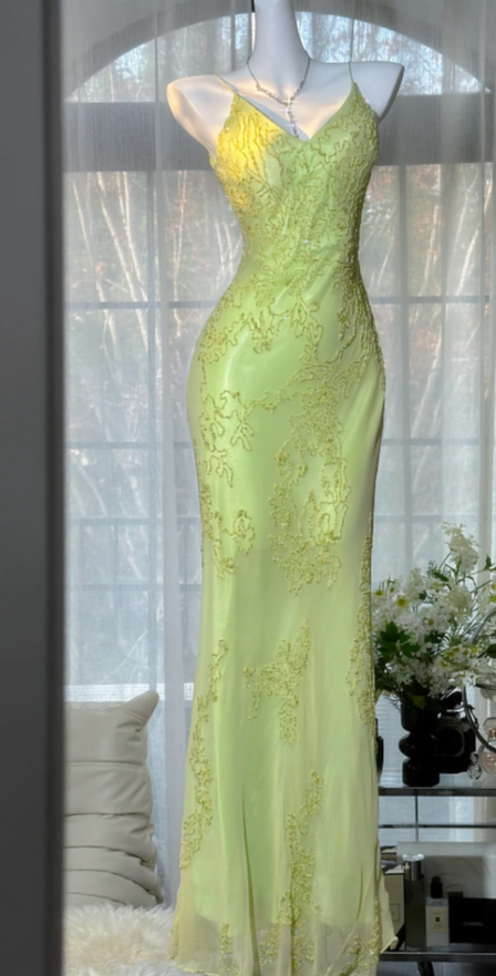 Chic Sheath Green Long Prom Dress Beaded Chiffon Spaghetti Straps Evening Dress ED06442