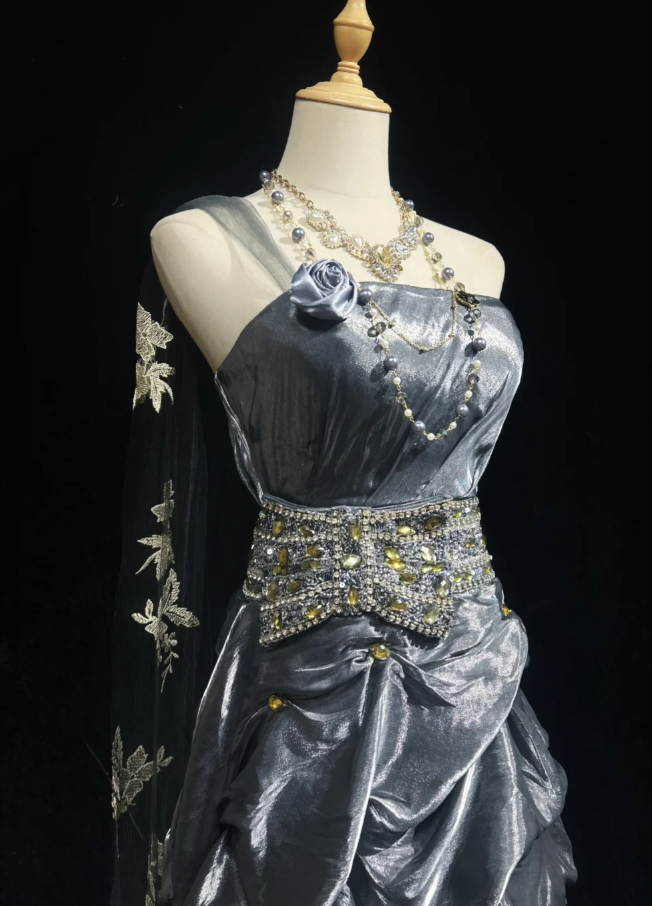 Chic Sheath Gray Long Prom Dress Beaded Satin One-shoulder Evening Dress ED06443