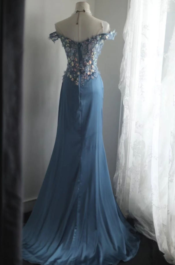 Chic Sheath Blue Long Prom Dress Beaded Satin Off-shouder Evening Dress ED06445