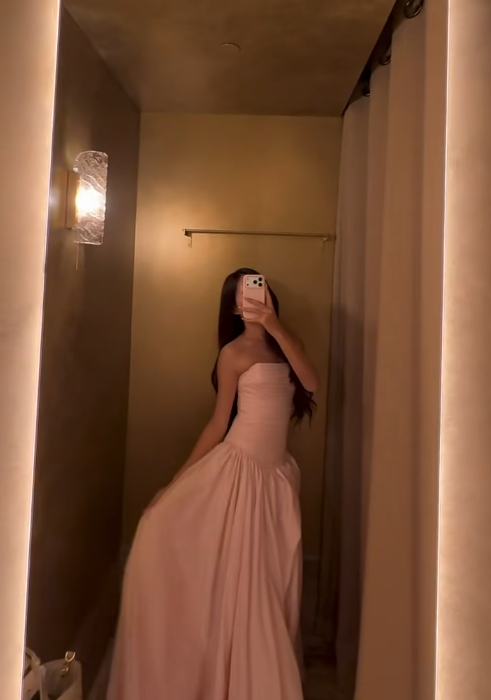 Chic A-line Pink Long Prom Dress Satin Strapless Evening Dress ED06446