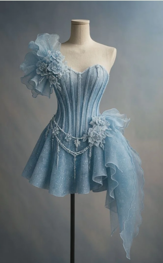 Chic A-line Blue Short Prom Dress Glitter Tulle One-shoulder Party Dress Sleeveless Cute Birthday Dress ED06448