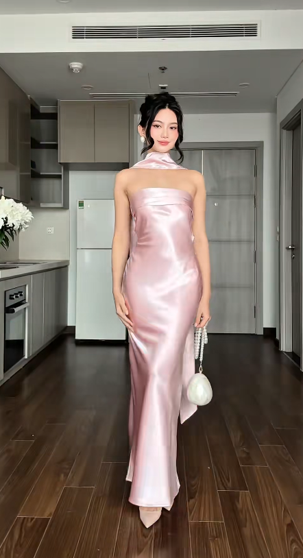 Chic Sheath Pink Long Prom Dress Satin Strapless Bridesmaid Dress ED06450