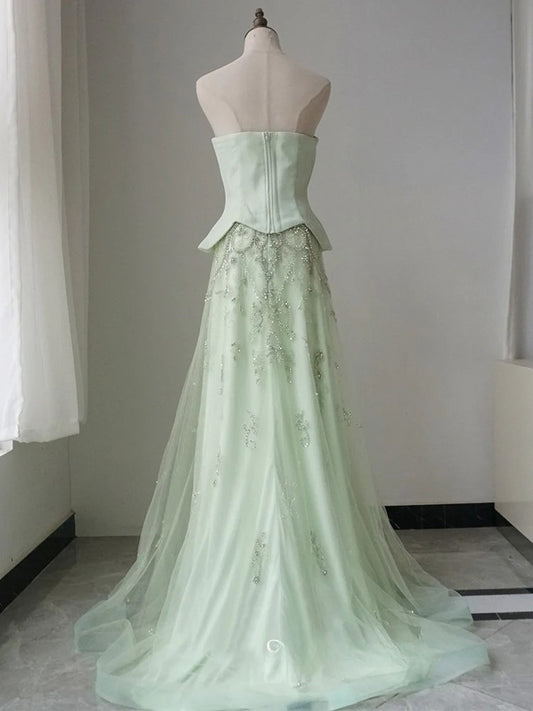Gorgeous A-Line Green Long Prom Dress Tulle Strapless Evening Dress Sleeveless Birthday Dress ED06456
