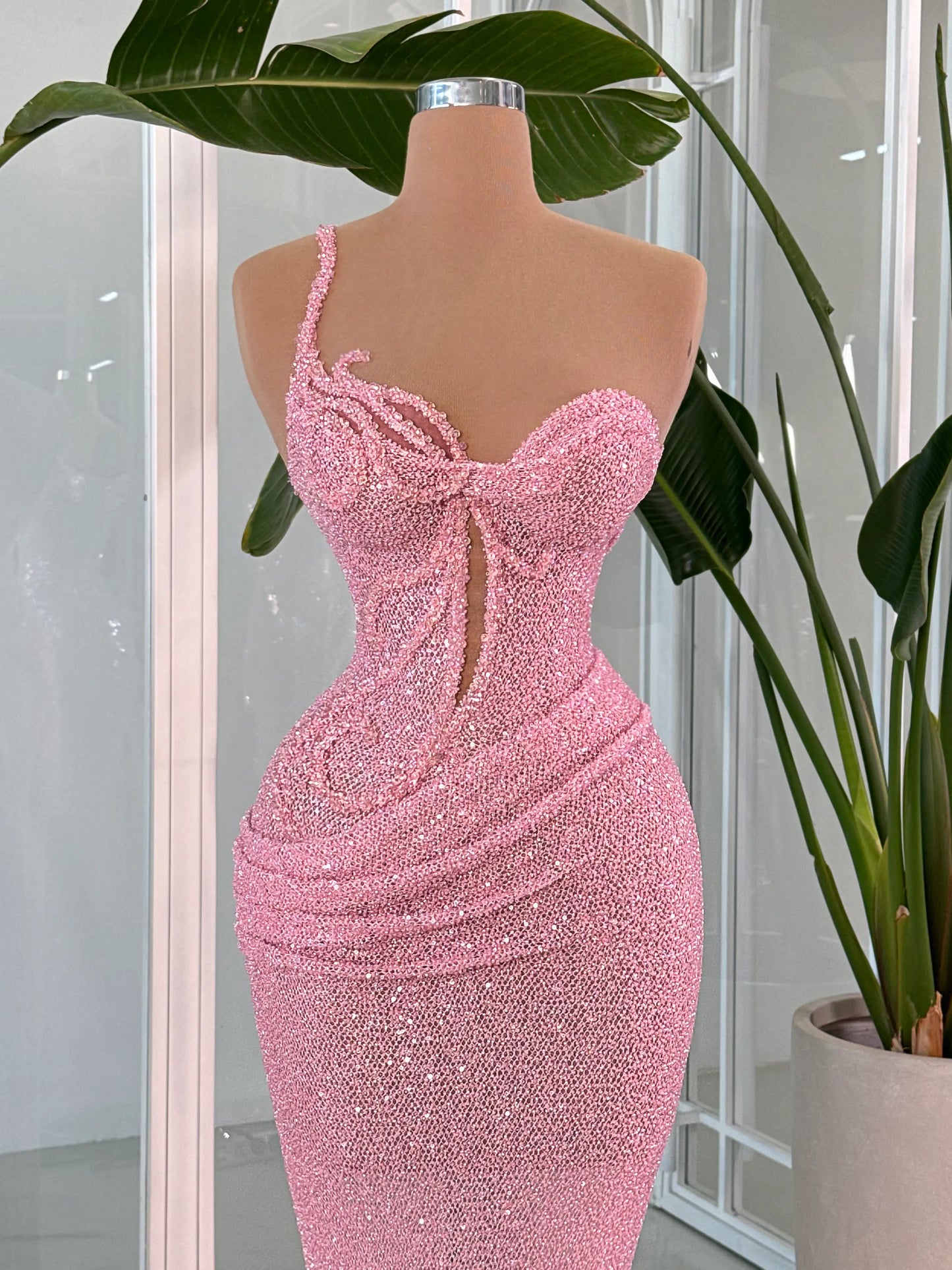 Sexy Sheath Pink Long Prom Dress Beaded Tulle One-shoulder Evening Dress Sleeveless Birthday Dress ED06457