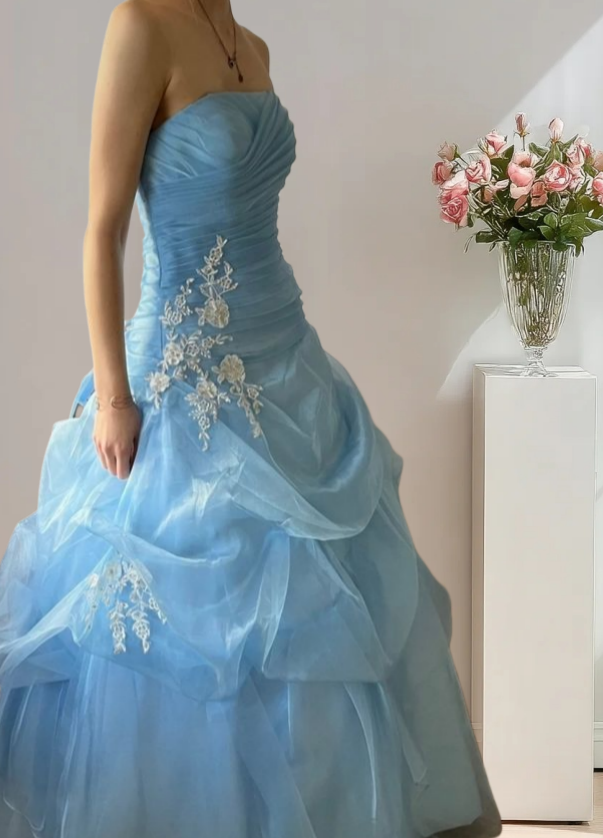Gorgeous A-Line Blue Long Prom Dress Tulle Strapless Evening Dress Sleeveless Birthday Dress ED06461
