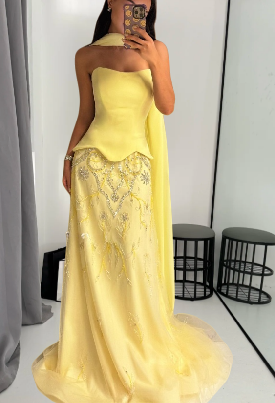 Sexy Sheath Yellow Long Prom Dress Chiffon Beaded Strapless Evening Dress Sleeveless Birthday Dress ED06464