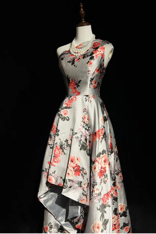 Vintage A-Line Floral Long Prom Dress Satin One-shoulder Evening Dress Sleeveless Birthday Dress ED06465