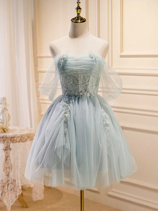 Puffy Tulle Off Shoulder Green Short Prom Dress, Green Cute Homecoming Dresses ED0647