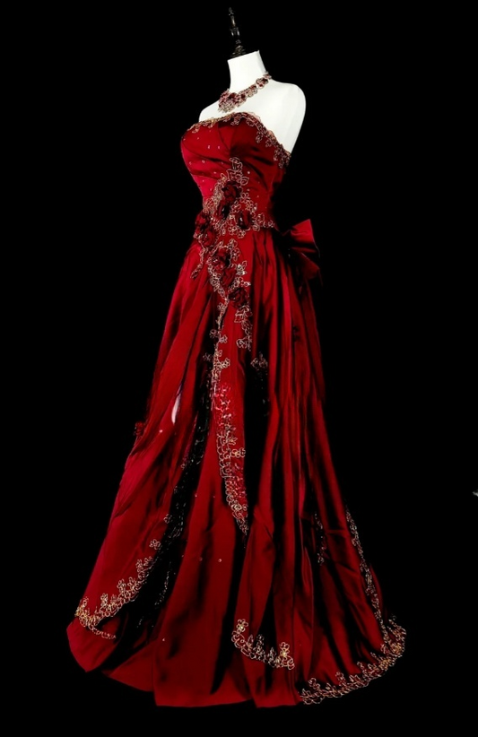 Chic A-Line Burgundy Long Prom Dress Applique Satin Strapless Evening Dress Sleeveless Birthday Dress ED06475