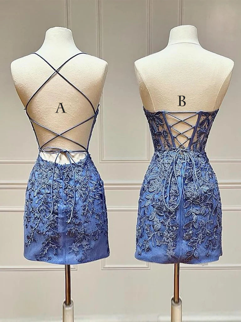 Blaues kurzes Ballkleid mit herzförmigem Ausschnitt und Spitze, blaues Homecoming-Kleid ED0648