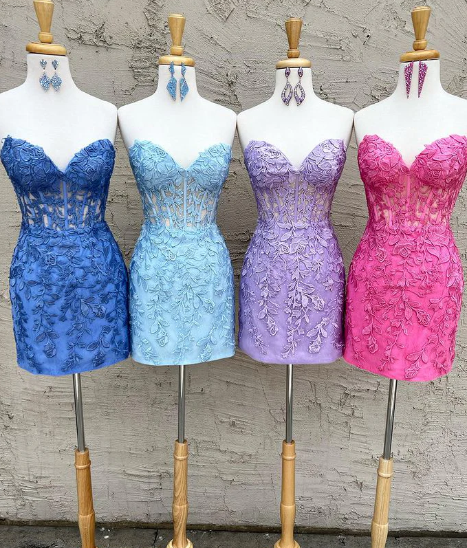 Blaues kurzes Ballkleid mit herzförmigem Ausschnitt und Spitze, blaues Homecoming-Kleid ED0648