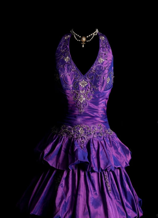 Chic Purple Long Prom Dress Satin Applique A-Line Birthday Dress Halter Sleeveless Formal Dress ED06490