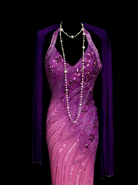 Chic Gradient Purple Long Prom Dress Beaded Chiffon Sheath Evening Dress V-neck Sleeveless Formal Dress ED06493