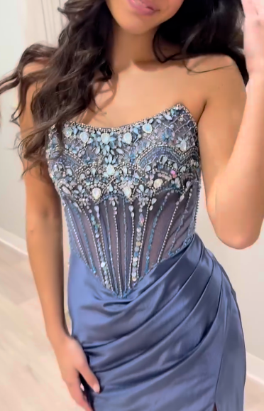 Cute Gray Blue Long Prom Dress Satin Beaded Satin Mermaid Evening Dress Strapless Formal Dress ED06496