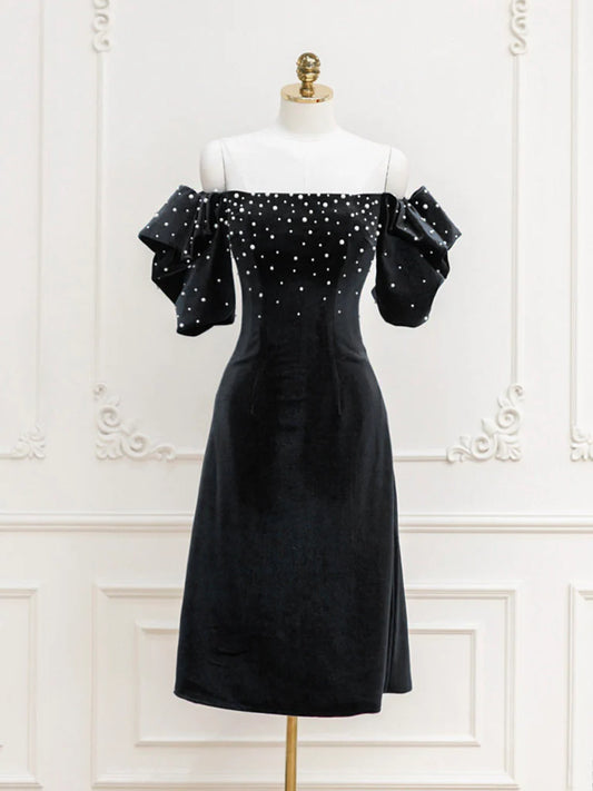 Black Velvet off-the-shoulder Beads Short Prom Dress, Black Evening Dress ED0649