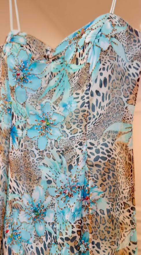 Chic Leopard Short Prom Dress Printed Chiffon Blue Birthday Dress Sheath Spaghetti Straps Homecoming Dress Sleeveless Party Dress ED06502