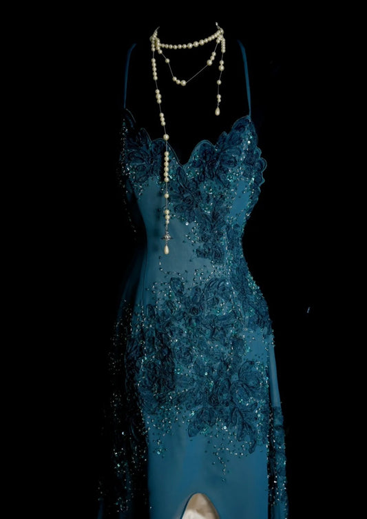 Gorgeous Teal Long Prom Dress Chiffon Applique Sheath Evening Dress Spaghetti Straps Birthday Dress ED06508