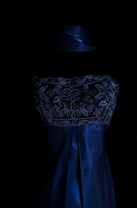 Vintage Navy Blue Long Prom Dresses Spaghetti Straps Sheath Evening Dress Satin Beaded Formal Dress ED06526