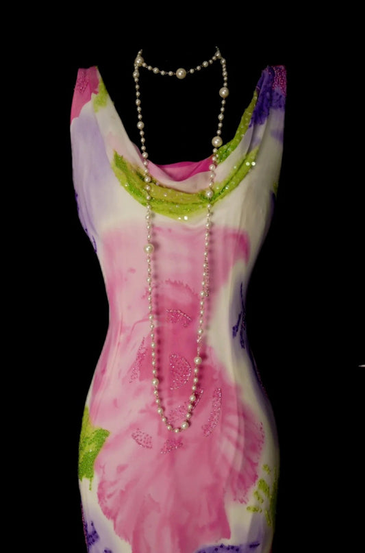 Elegant Floral Long Prom Dresses Scoop Sheath Evening Dress Chiffon Sleeveless Formal Dress ED06527