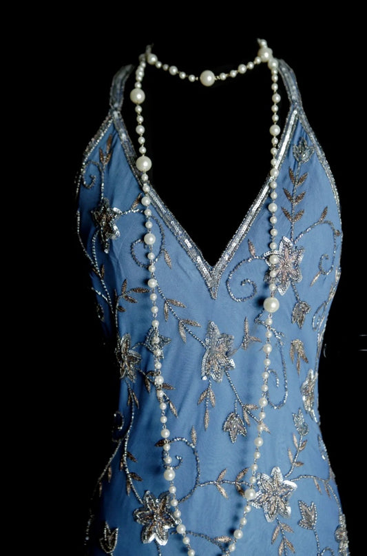 Chic Gray Blue Long Prom Dresses Halter Sheath Evening Dress Beaded Chiffon Sleeveless Wedding Guest Outfit ED06531