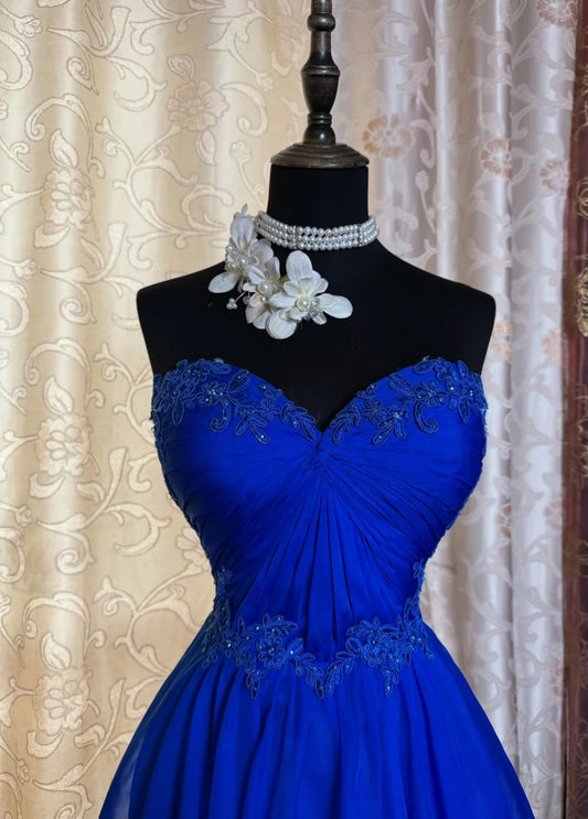 Vintage Royal Blue Short Prom Dresses Sweetheart A-Line Birthday Outfit Applique Chiffon Party Dress Sleeveless Homecoming Dress ED06536
