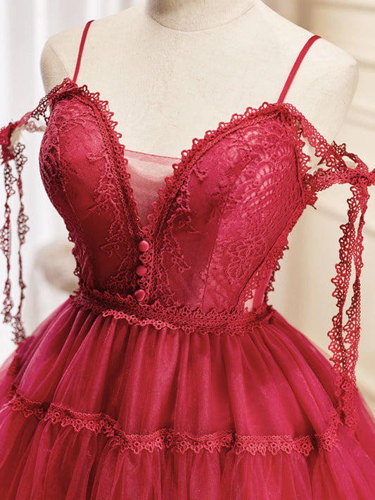 A-Line Burgundy Tulle Lace Short Prom Dresses, Burgundy Homecoming Dresses ED0654