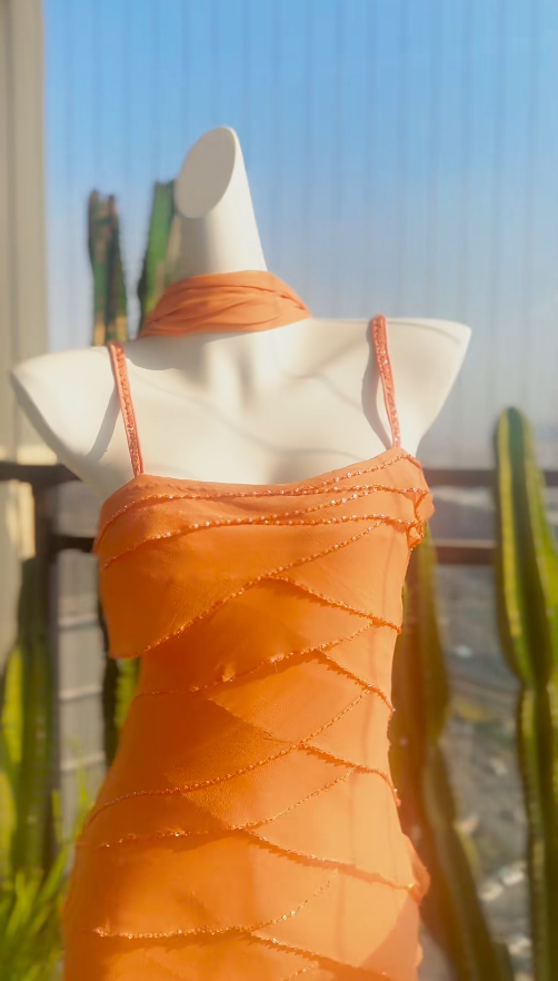 Fairy Orange Short Prom Dresses Spaghetti Straps Sheath Evening Dress Beaded Chiffon Formal Dress ED06542