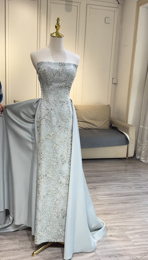 Robes d'anniversaire élégantes bleu dégradé, col en V, paillettes, mousseline, fourreau, robes de bal, robes de soirée ED04456