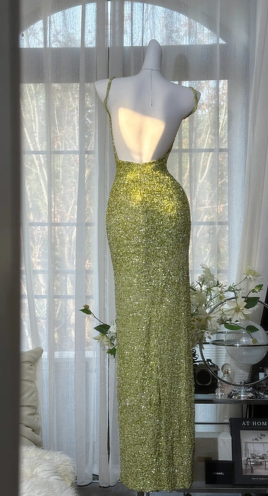 Robes d'anniversaire élégantes bleu dégradé, col en V, paillettes, mousseline, fourreau, robes de bal, robes de soirée ED04456