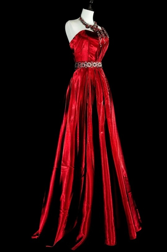 Vintage Red Long Prom Dresses Satin One-Shoulder A-Line Evening Dress Sleeveless Birthday Dress ED06551