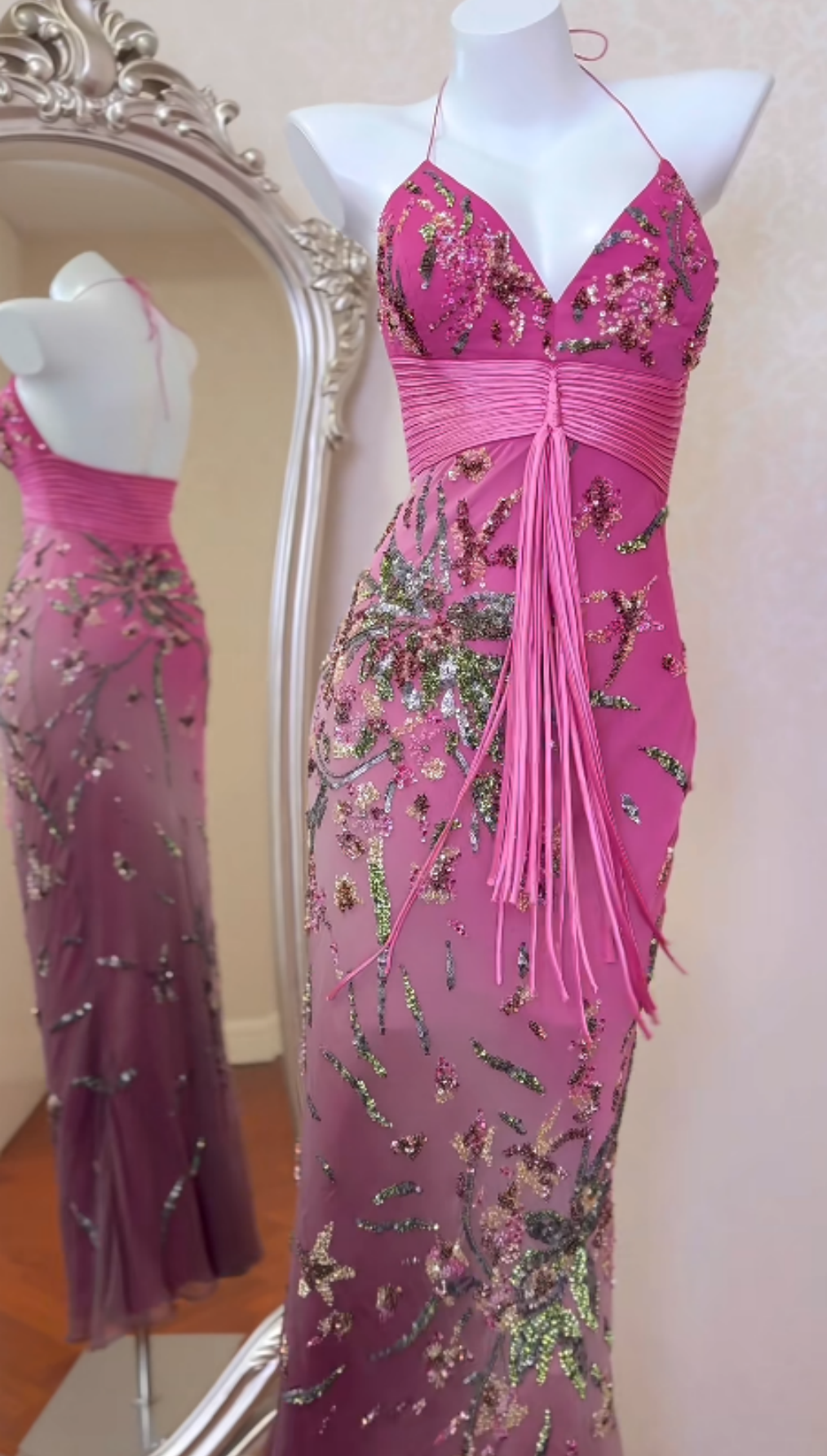 Elegant Pink Long Prom Dresses Beaded Chiffon Sheath Evening Dress Spaghetti Straps Sleeveless Formal Dress ED06557