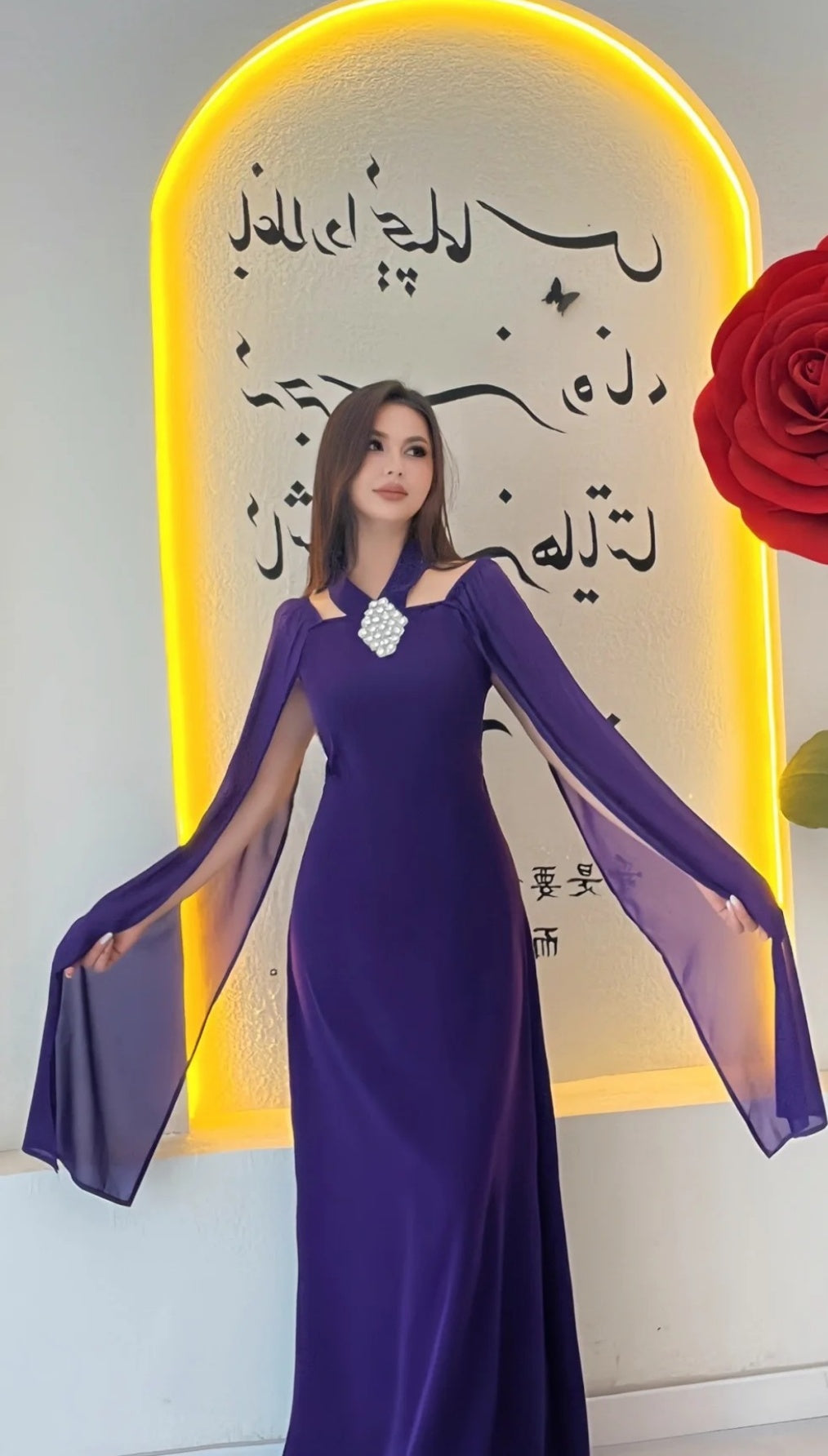 Elegant Purple Wedding Guest Outfit Halter Chifon Sheath Prom Dress Long Sleeves Evening Dress ED06564