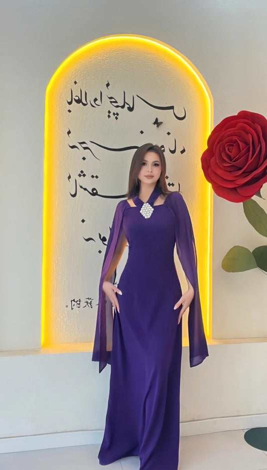 Elegant Purple Wedding Guest Outfit Halter Chifon Sheath Prom Dress Long Sleeves Evening Dress ED06564