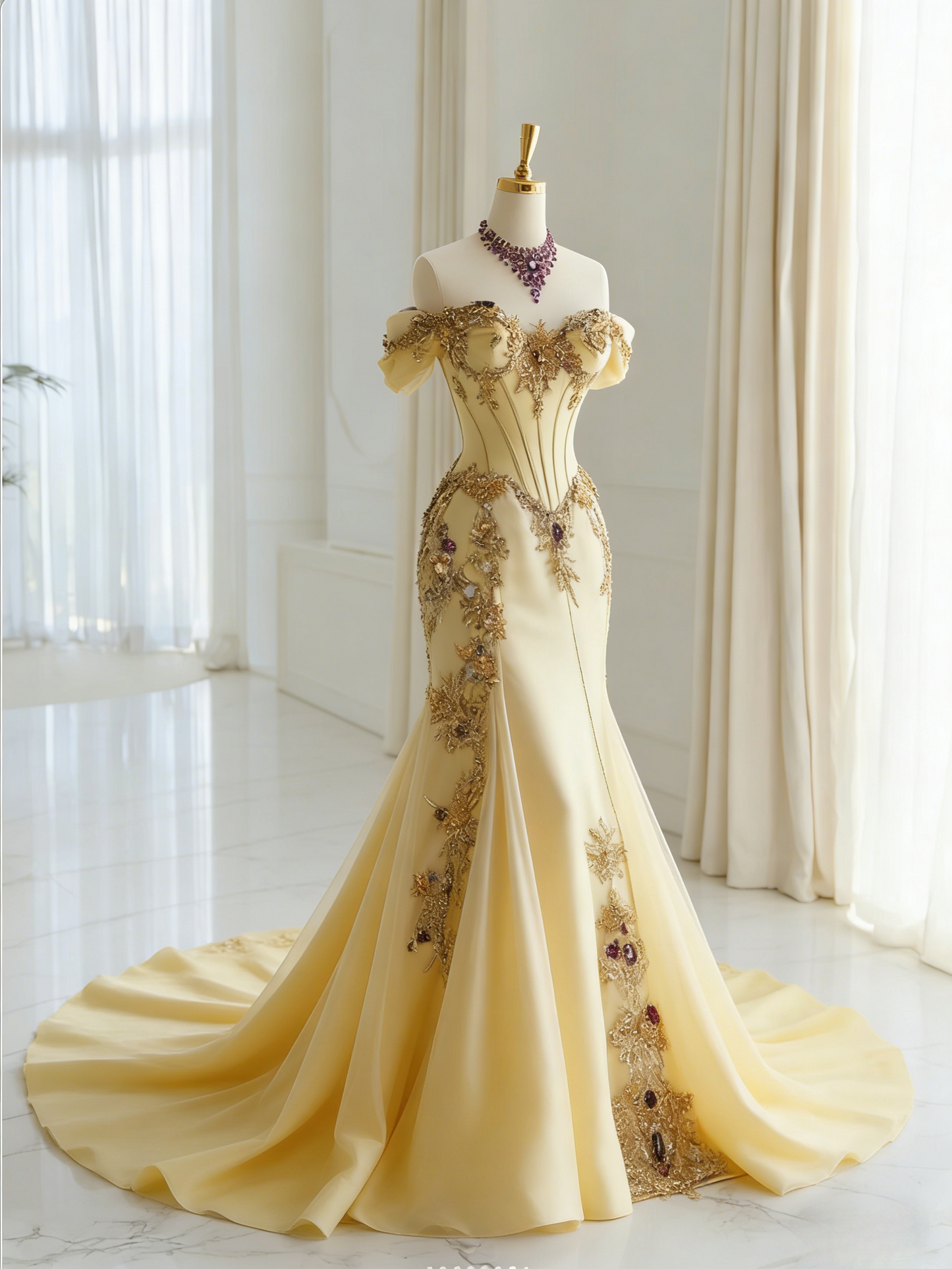 Chic Yellow Long Prom Dress Off-shoulder Mermaid Evening Dress Applique Satin Sleeveless Formal Dress ED06575